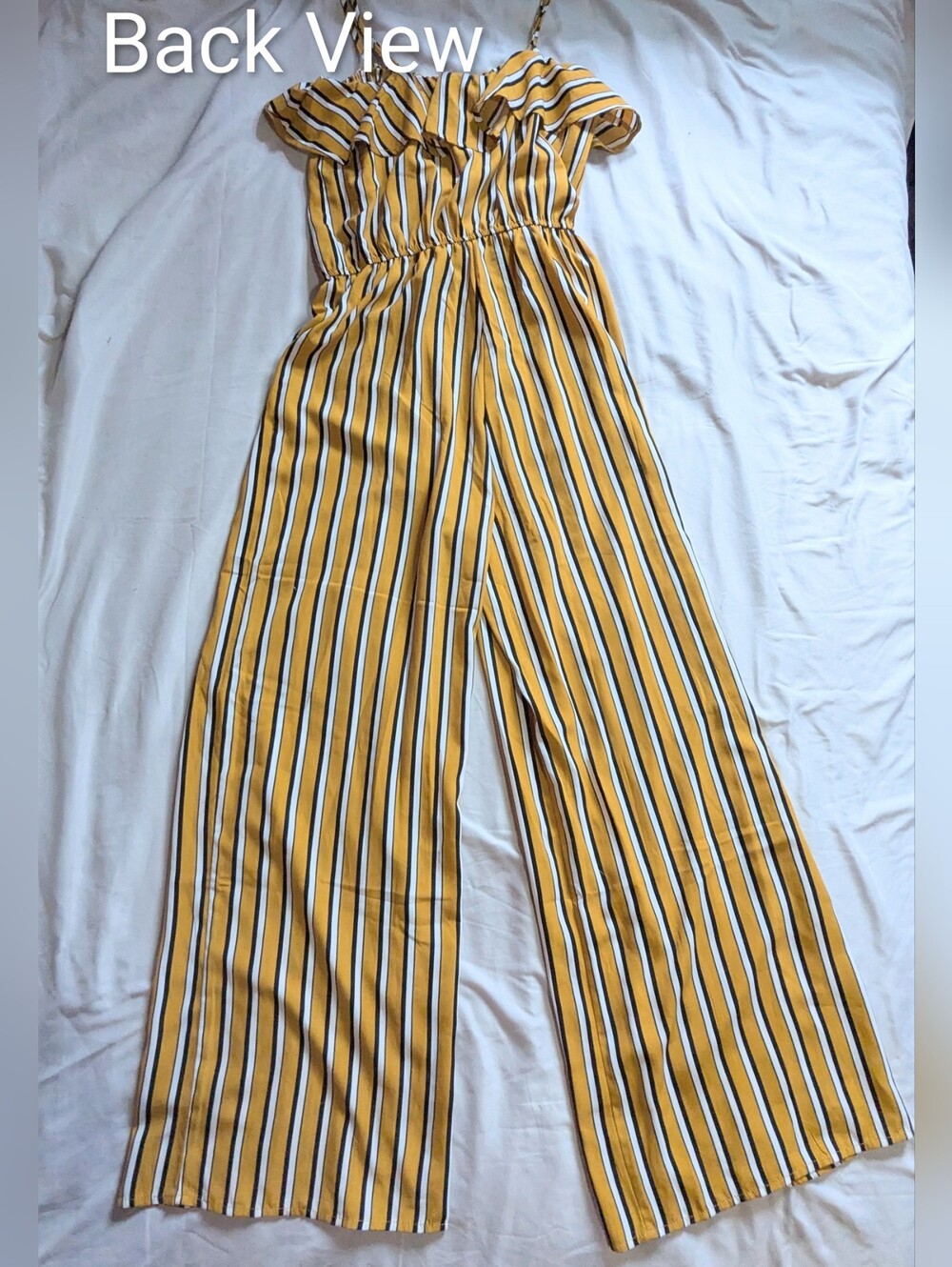 Size Small Bluenotes EUC Yellow White Striped Wide Leg Ruffle Jumpsuit Romper - Picture 14 of 14